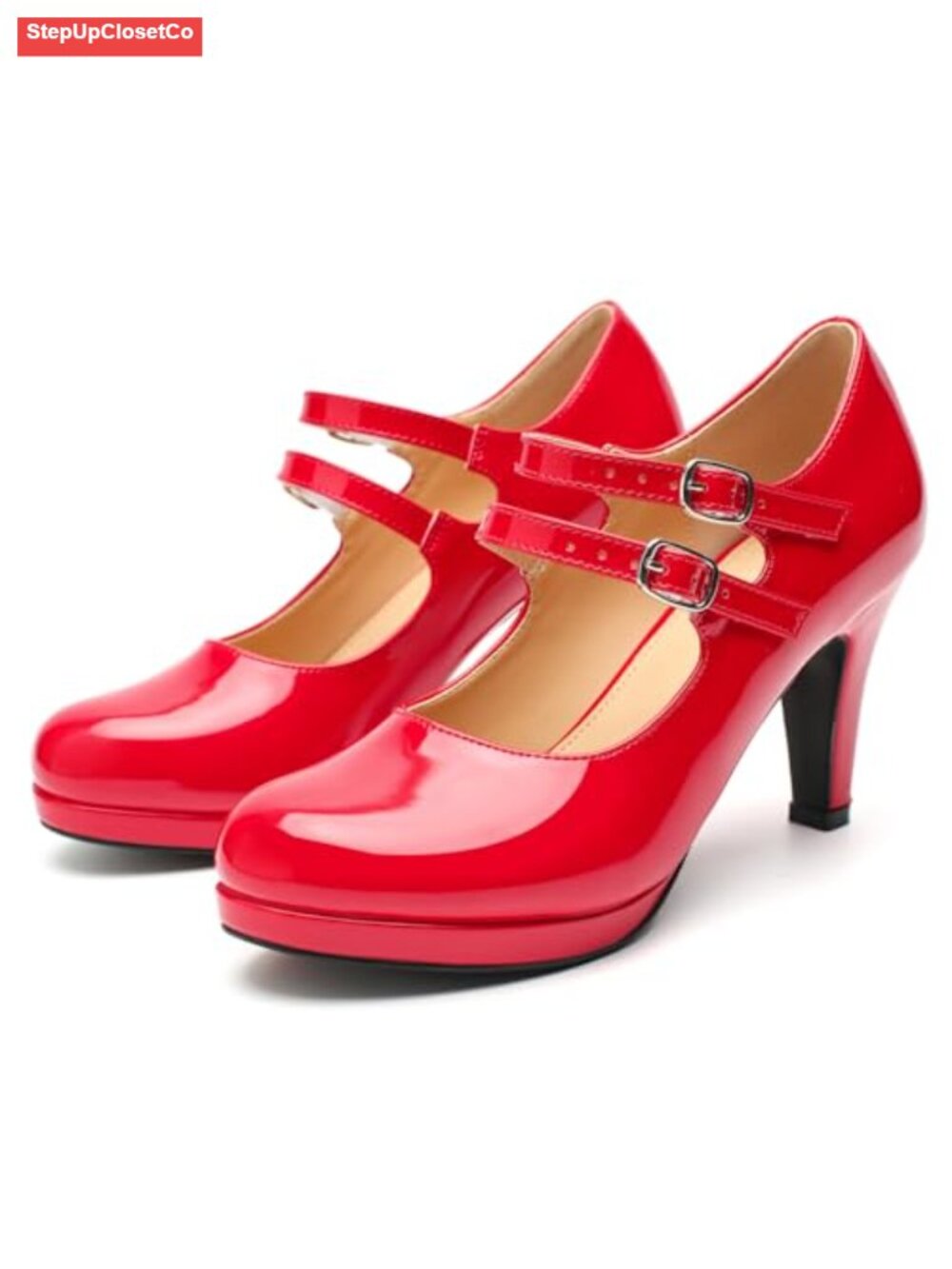 Women's Faux Velvet Low Platform Pumps Double Ankle Strap Mary Jane Dress Shoes - Picture 3 of 6